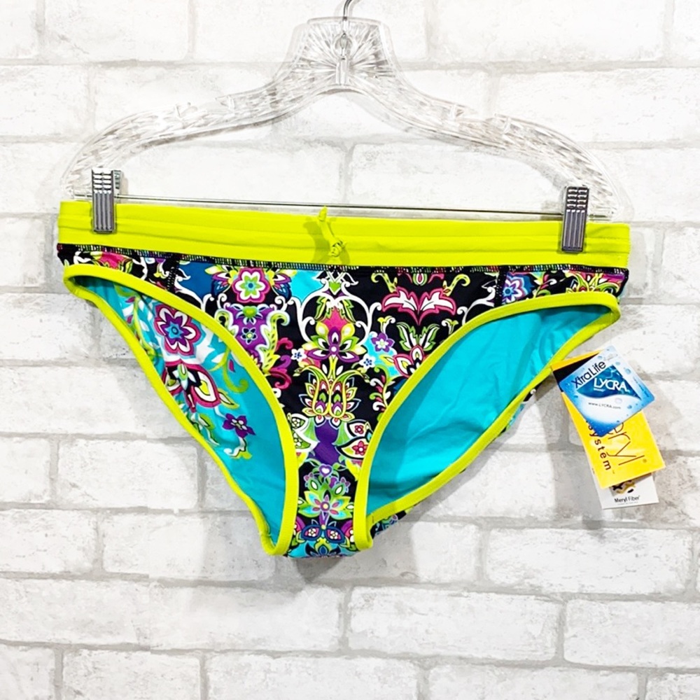 Athleta Neon Yellow, Turquoise & Black Floral Swim Bottoms